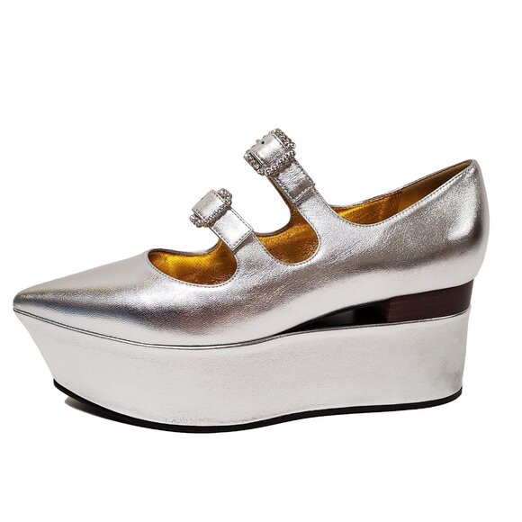 GUCCI SHOES SILVER LEATHER CUT OUT WEDGE PUMP CRYSTAL BUCKLES - Picture 1 of 13